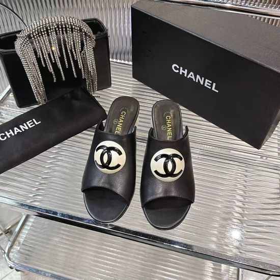 Chanel Elegant Chunky Heel Slide Sandals Premium Leather Upper