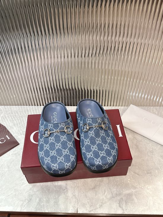 Gucci Denim Slip On Mules With Hardware Accent Flat Sole