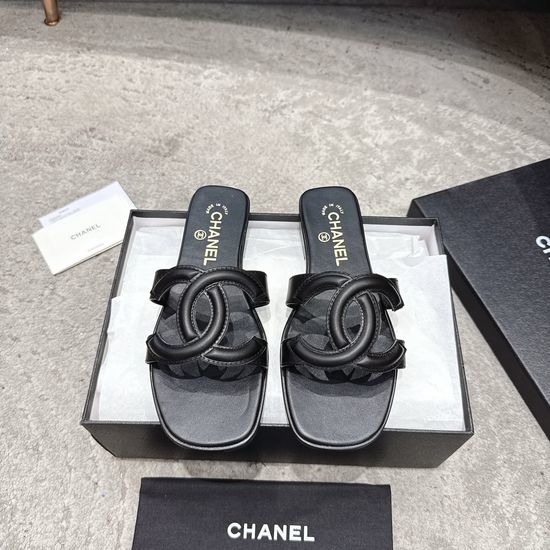 Chanel Square Toe Leather High Heel Slide Sandals