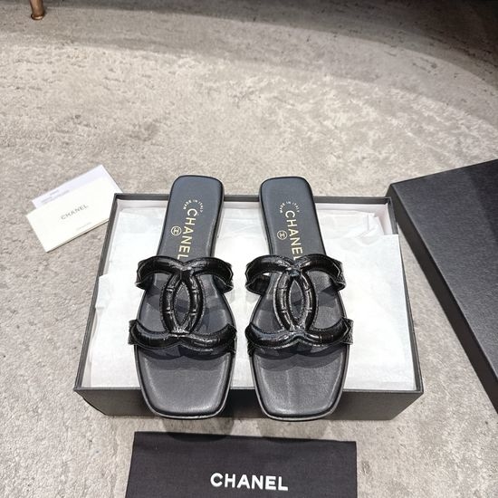 Chanel Square Toe Leather High Heel Slide Sandals