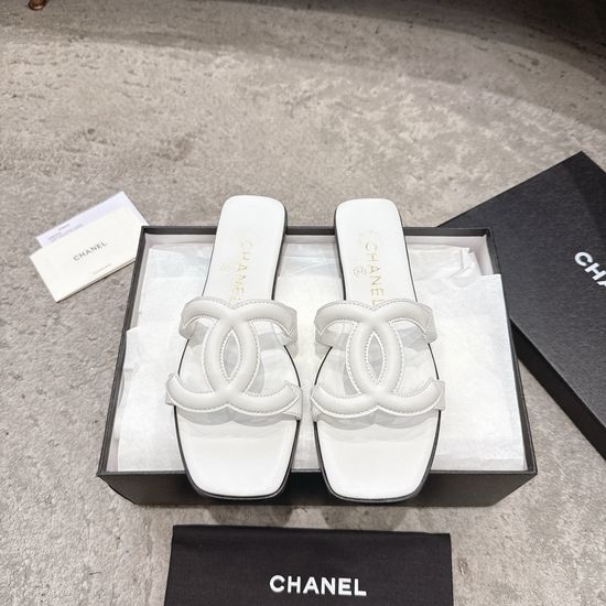 Chanel Square Toe Leather High Heel Slide Sandals