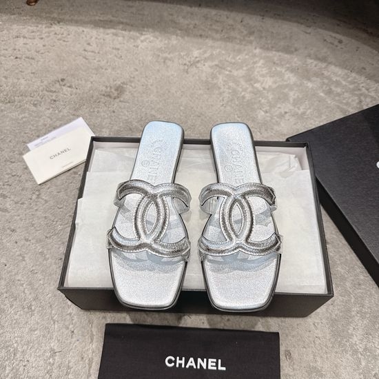 Chanel Square Toe Leather High Heel Slide Sandals