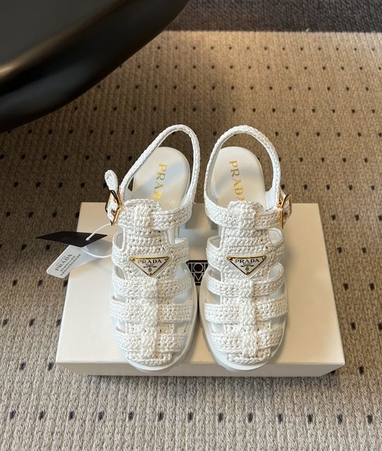 Prada Hand-Woven Chunky Roman Sandals with Metal Logo