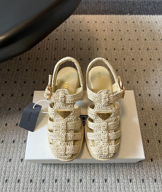 Prada Hand-Woven Chunky Roman Sandals with Metal Logo