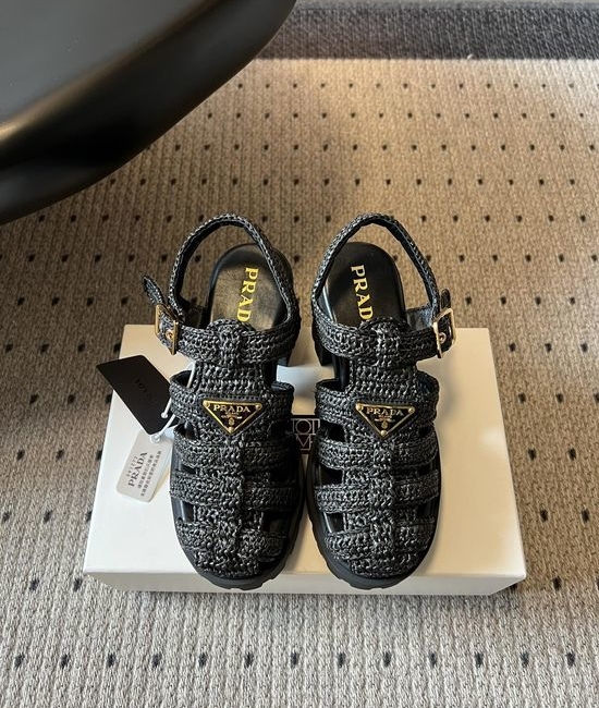 Prada Hand-Woven Chunky Roman Sandals with Metal Logo