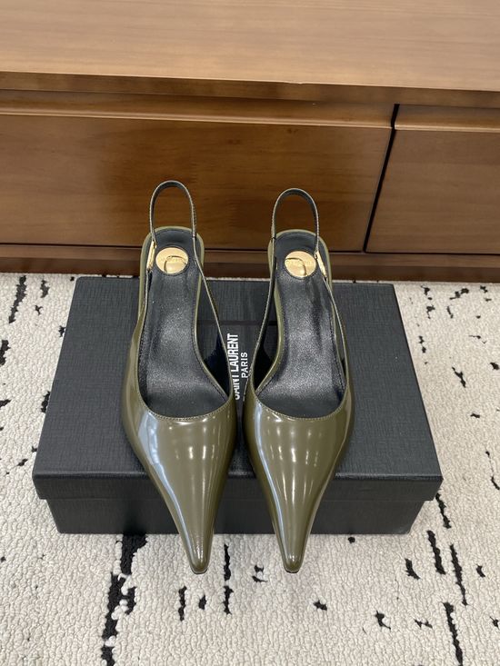Yves Saint Laurent Pointed Toe Chain Detail Kitten Heel Mule Sandals