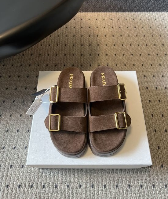Prada Double Buckle Platform Slide Sandals Soft Cushioned Sole