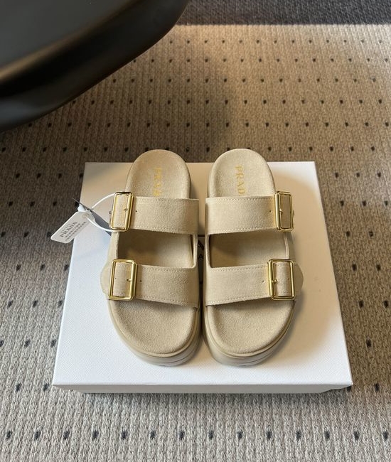Prada Double Buckle Platform Slide Sandals Soft Cushioned Sole