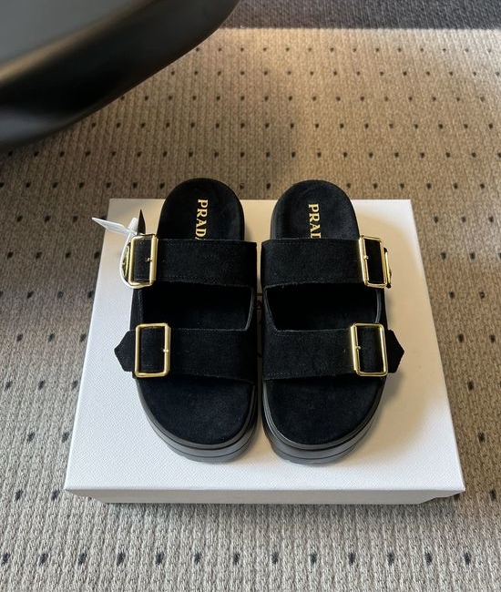 Prada Double Buckle Platform Slide Sandals Soft Cushioned Sole