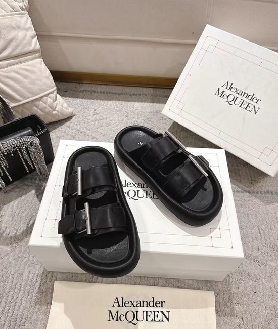 McQueen Genuine Leather Double Buckle Casual Slides