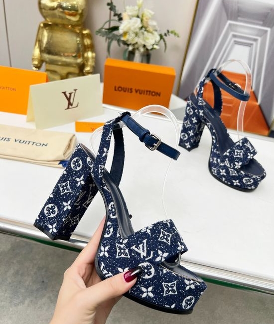 Louis Vuitton LV Rhinestone Buckle Platform Heels Premium Denim Leather Upper Soft Insole