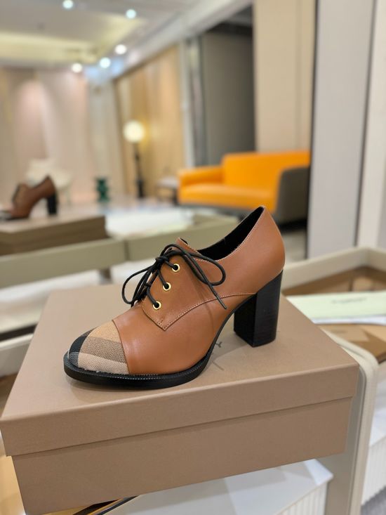 Burberry High Heel Plaid Fabric Shoes Genuine Leather Sole