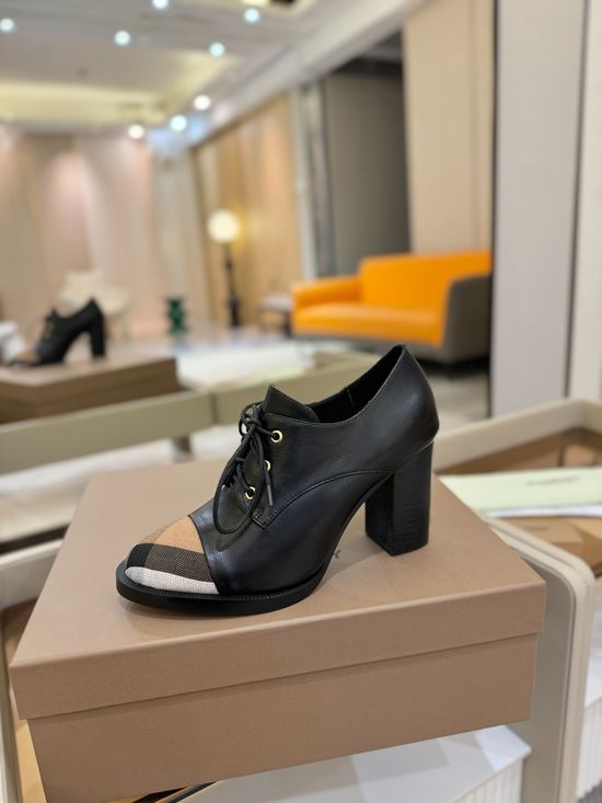 Burberry High Heel Plaid Fabric Shoes Genuine Leather Sole