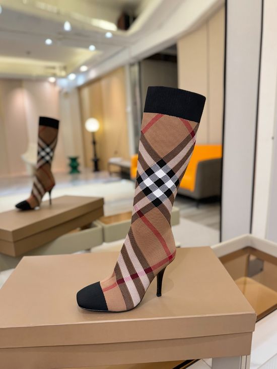 Burberry Square Toe Block Heel Plaid Stretch Knit Knee High Boots