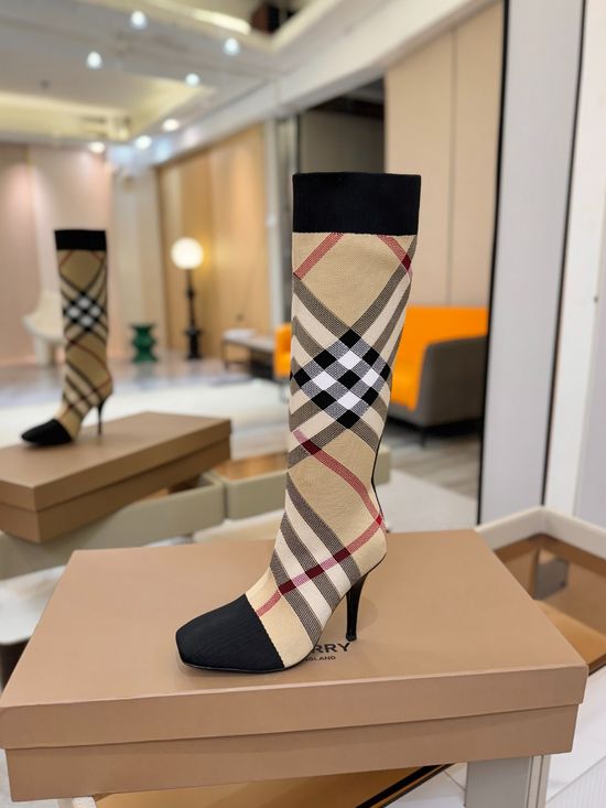 Burberry Square Toe Block Heel Plaid Stretch Knit Knee High Boots