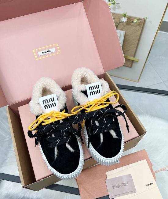 Miu Miu Classic Black White Soft Non Slip Wool Lined Casual Shoes