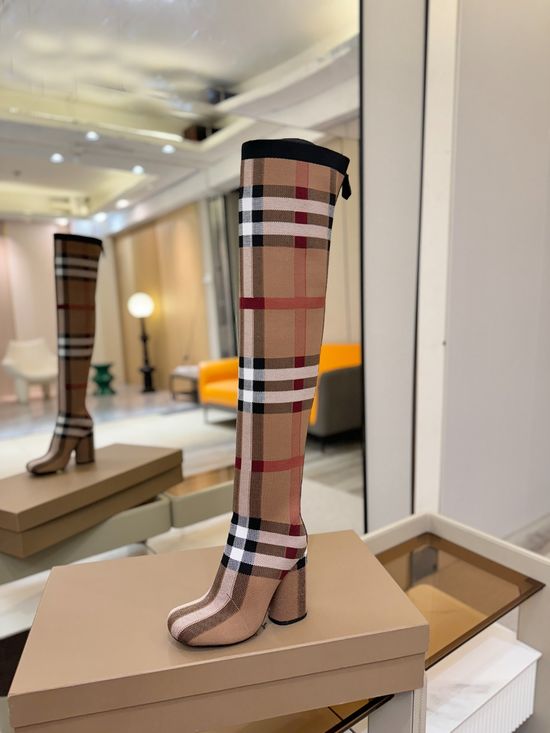 Burberry Round Toe Block Heel Plaid Stretch Knit Knee High Boots