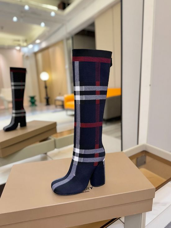 Burberry Round Toe Block Heel Plaid Stretch Knit Knee High Boots