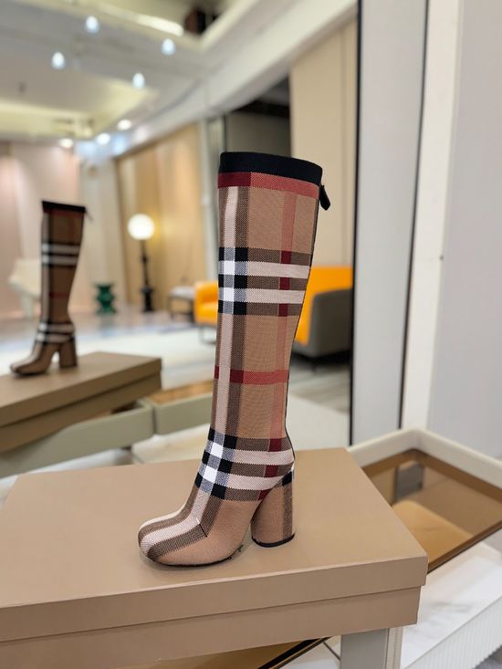 Burberry Round Toe Block Heel Plaid Stretch Knit Knee High Boots