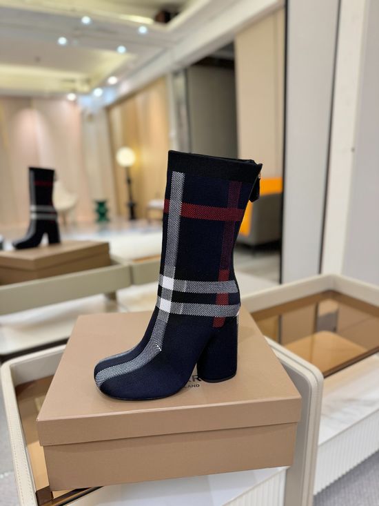 Burberry Round Toe Block Heel Plaid Stretch Knit Knee High Boots