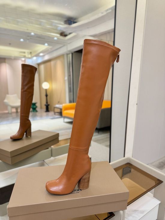 Burberry Round Toe Emblem Block Heel Stretch Knee High Boots