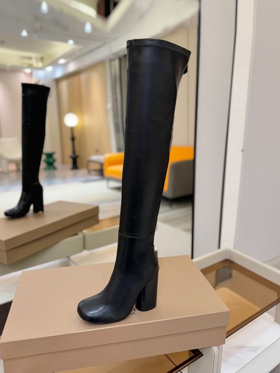 Burberry Round Toe Emblem Block Heel Stretch Knee High Boots