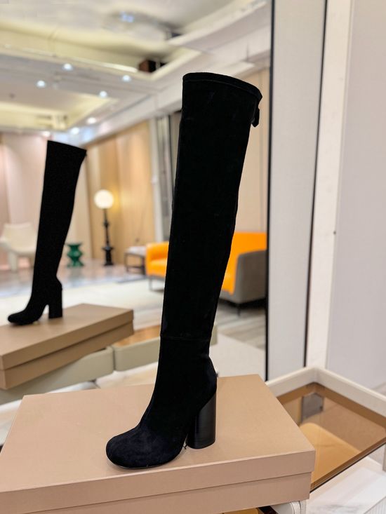Burberry Round Toe Emblem Block Heel Stretch Knee High Boots