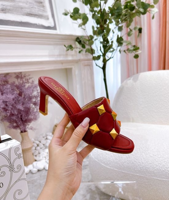 Valentino Studded Medium Heel Slip On Sandals Premium Soft Leather