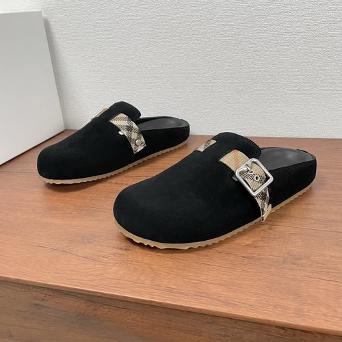 Burberry Black Suede Plaid Leather Slides