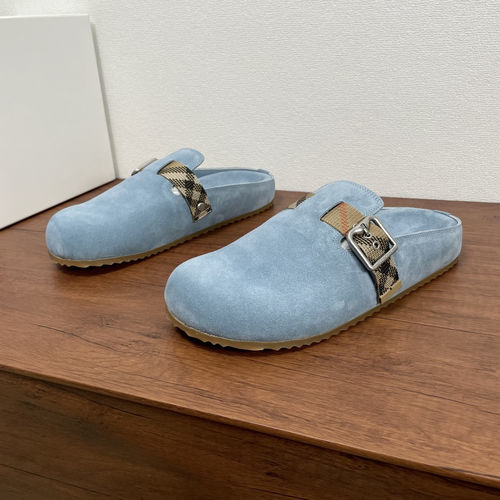 Burberry Sky Blue Plaid Leather Slides