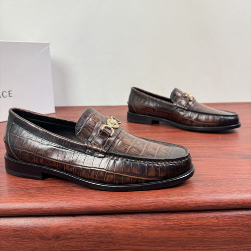 Versace Leather Loafers With Metal Buckle Brown