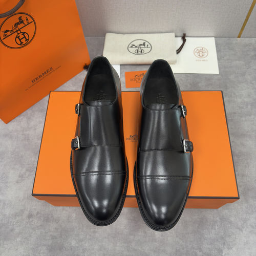 Hermes Double Buckle Leather Monk Shoes
