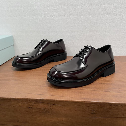 Prada Lace-Up Brown Patent Leather Derby Shoes