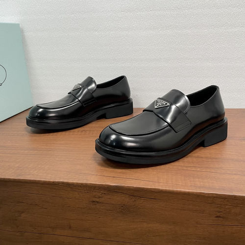 Prada Triangular Logo Black Polished Leather Loafers