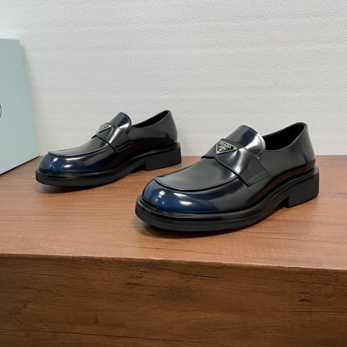 Prada Triangular Logo Blue Polished Leather Loafers