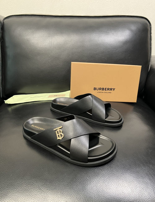 Burberry Stitching Slippers Imported Leather Original Sole