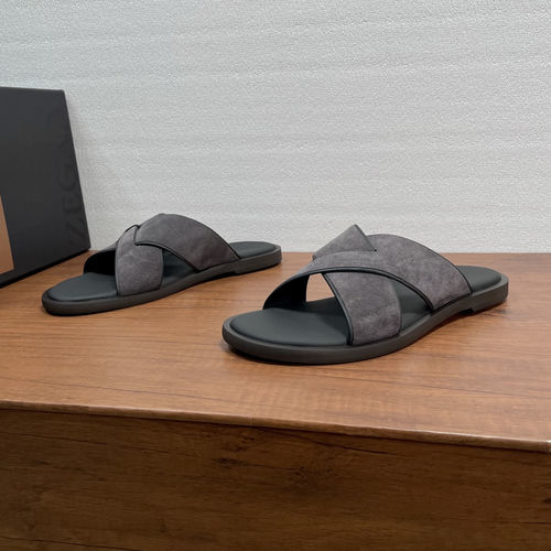 Zegna Suede Cross Strap Slides With Leather Insole