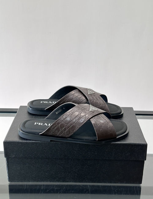 Prada Cross-strap Slides With Metal Logo
