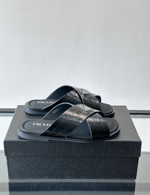 Prada Cross-strap Slides With Metal Logo