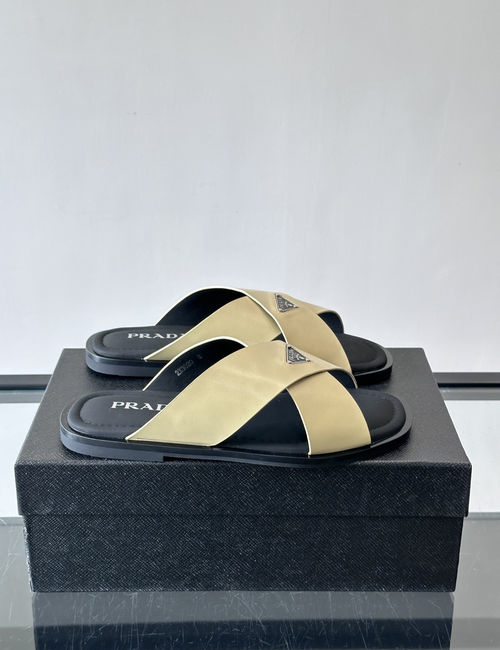 Prada Cross-strap Slides With Metal Logo