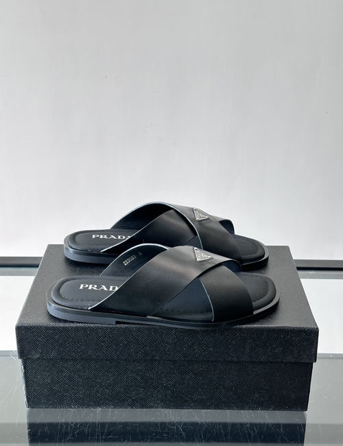 Prada Cross-strap Slides With Metal Logo