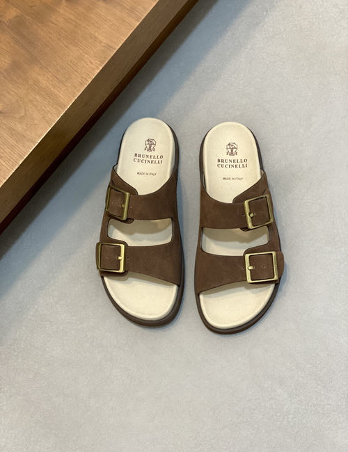 Brunello Cucinelli BC Suede Slides With Adjustable Metal Buckles