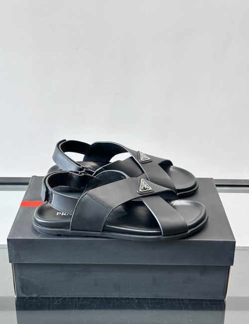 Prada Crisscross Leather Sandals With Logo Accent