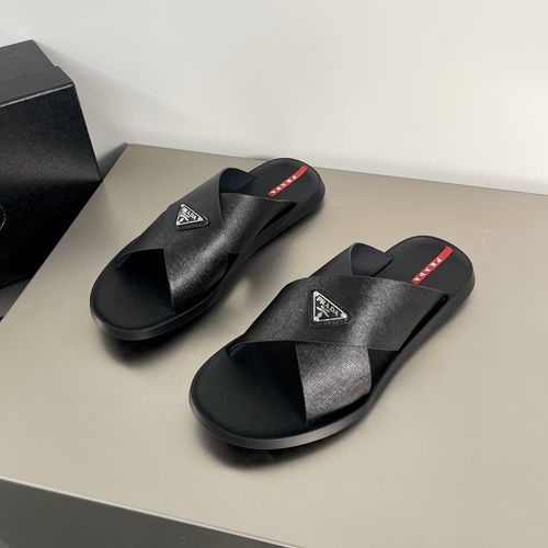 Prada Cross-grain Leather Slides With Logo