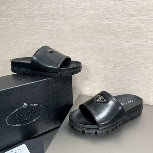 Prada Lambskin Slide Sandals With Enamel Logo