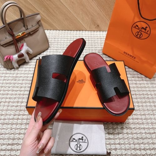 Hermes Genuine Leather Slides Sheepskin Lining Rubber Outsole