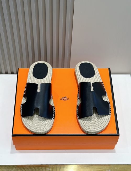 Hermes Antigua Straw Slippers Suede Leather Sole