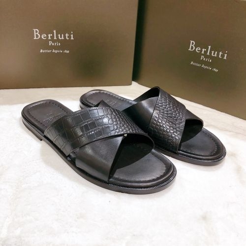Berluti Hand-finished Leather Slides With Leather Sole