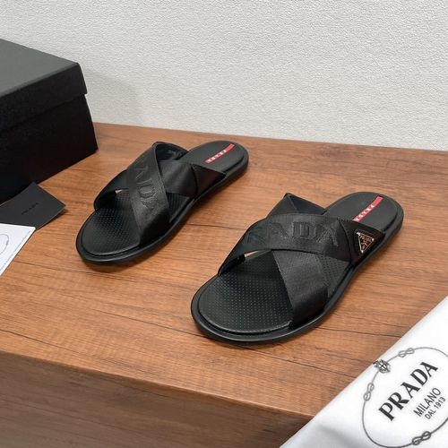 Prada Cross-strap Woven Fabric Slides
