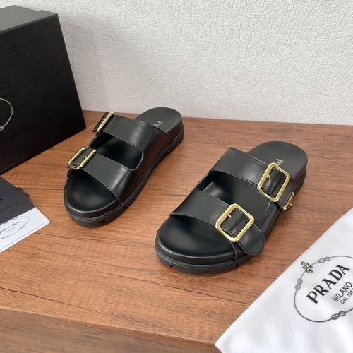 Prada Calfskin Slides With Metal Buckle